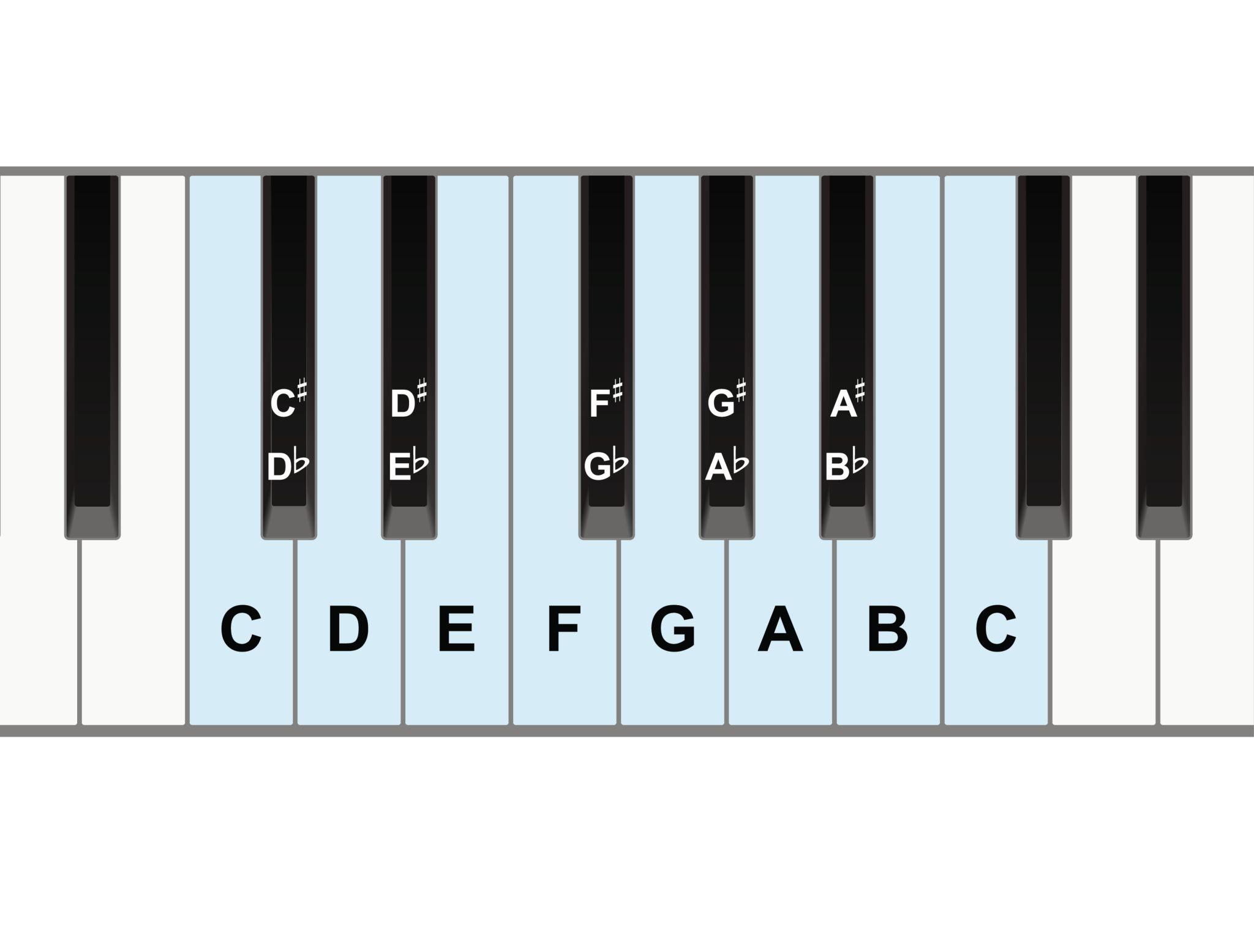 Piano keyboard showing notes from C to C